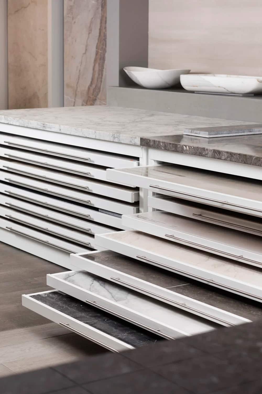 Stone and tile samples racked at the Miller Brothers showroom, Rathnew, Co. Wicklow