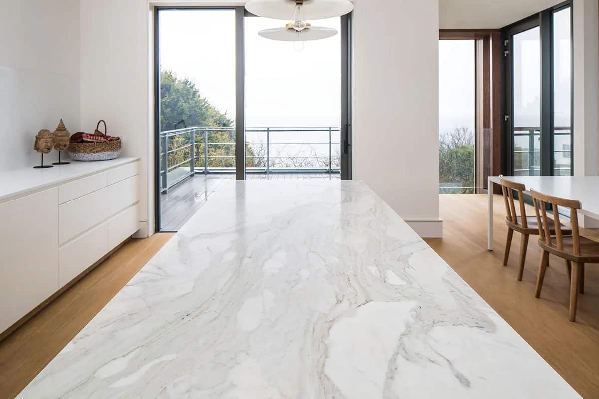 One-Of-A-Kind Island, Calacatta Marble detail, fabricated and installed by Miller Brothers Stone, Co. Wexford