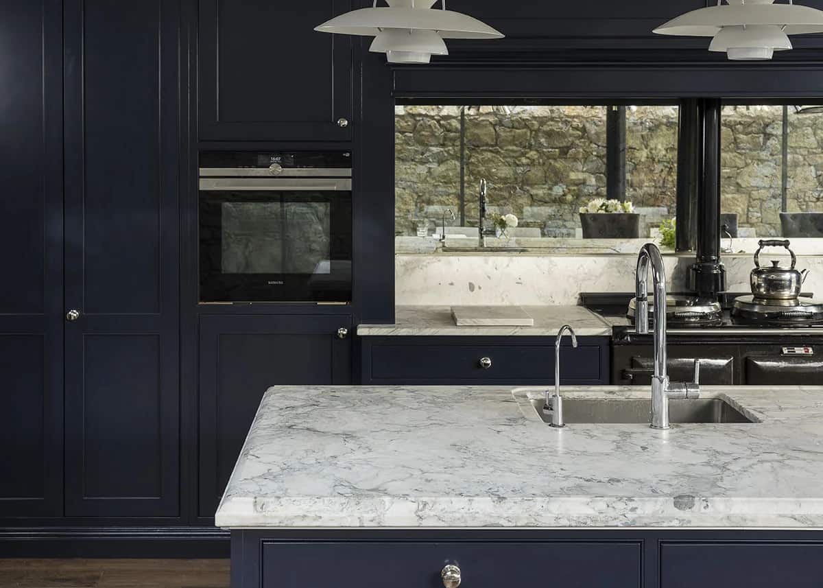 Fusion & Contemporary, Blanco Eclipse Quartzite detail, fabricated and installed by Miller Brothers Stone, South Dublin