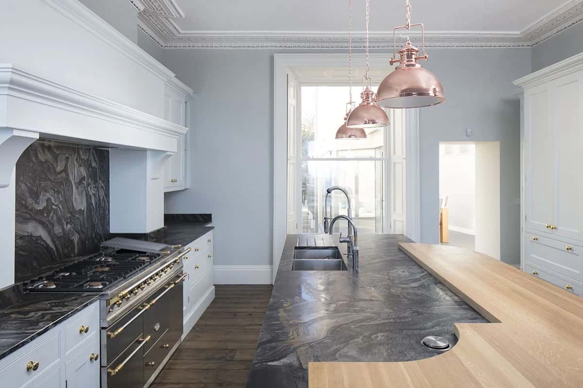 London Black Quartzite in a leather finish kitchen by Miller Brothers Stone, Copper Accents